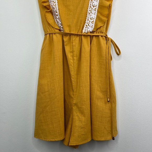 NWT Simplee Golden Yellow Crochet Lace Trim Romper - Tie Back - Linen - Medium - Picture 8 of 14